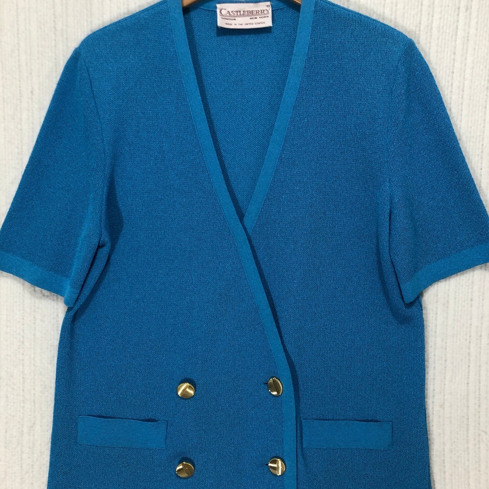 Castleberry London New York Vintage Blue Knit Double Breasted Short Sleeve Top